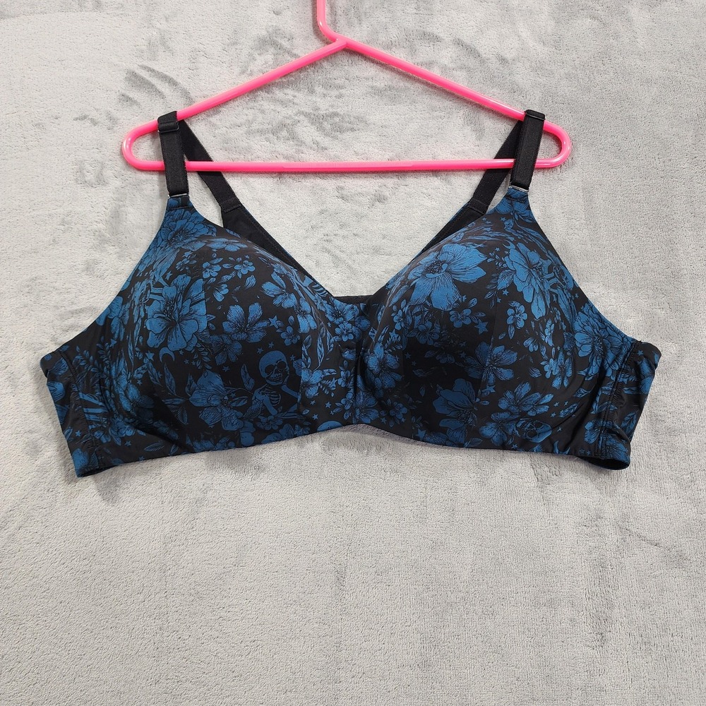 Torrid Curve Bra Womens 48B Blue Black Floral Skeleton Wireless Lightly Lined